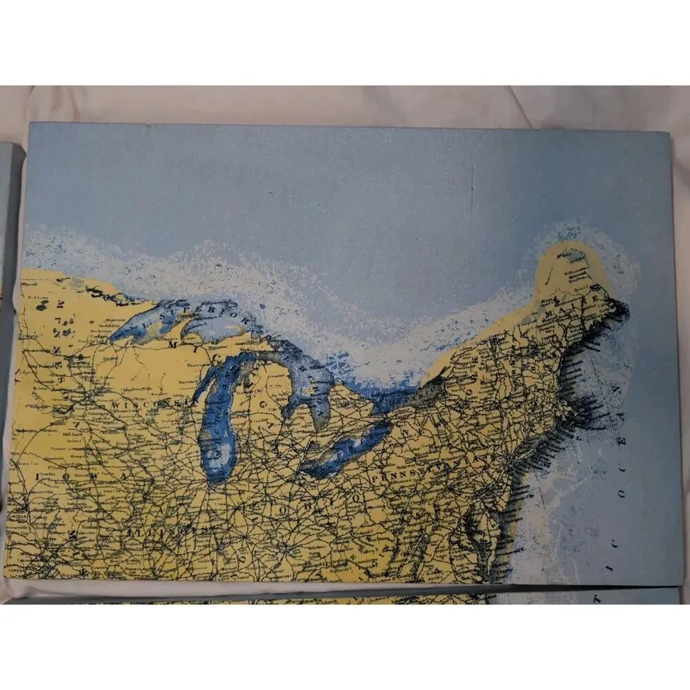 Pottery Barn Modular 4-Panel US Map Wall Art Large Vintage Style Wood Framed